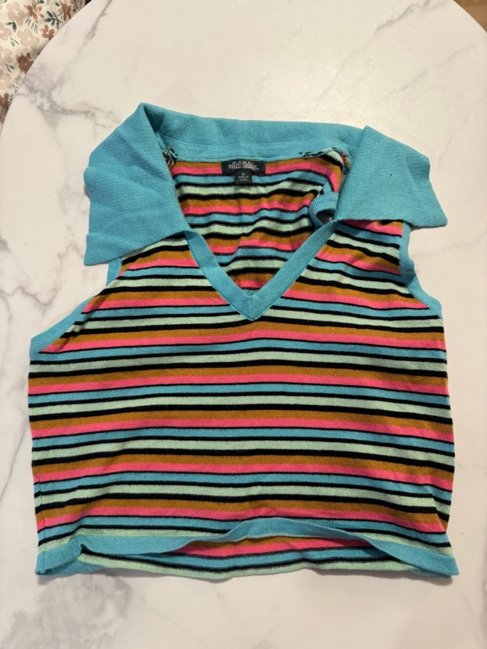 Striped Knit Sleeveless Polo Tank in Aqua + Multi